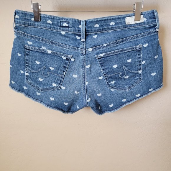 AG Adriano Goldschmied The Daisy Low Rise Frayed Cut Off Heart Print Denim Short - Picture 8 of 16